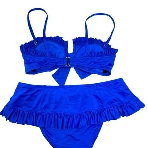Betsey Johnson Swim Bikini 2pc. Blue Bow Skirted Hipster Small NWOT